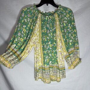 Green Yellow Floral Paisley Boho Smocked Peasant Blouse Womens‎ Size Medium